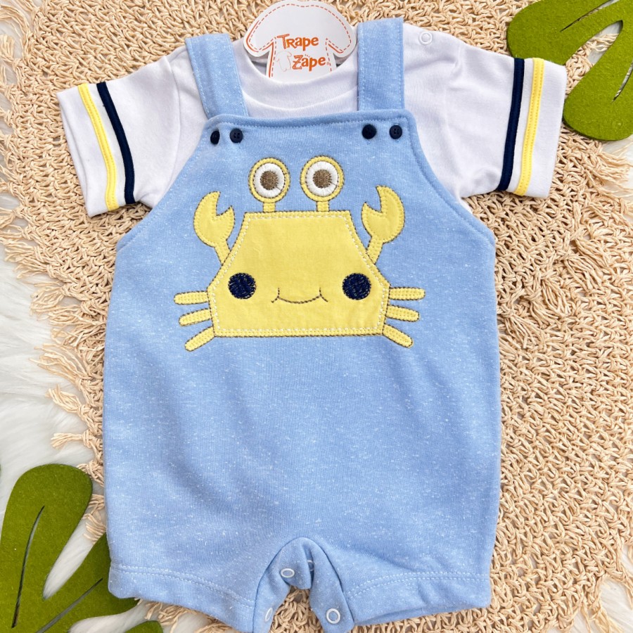  Conj. Body Manga Curta e Jardineira Caranguejo - Branco e Azul Claro